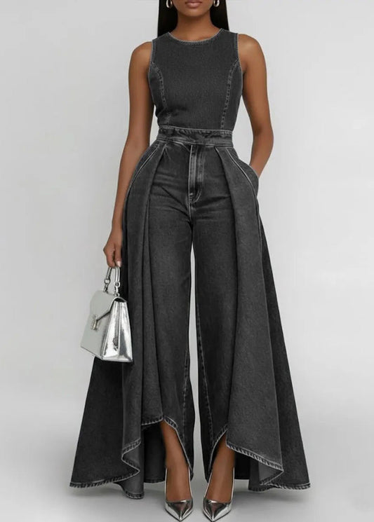 Blue Silm Fit Patchwork Denim Wide Leg Pant Jumpsuit Sleeveless