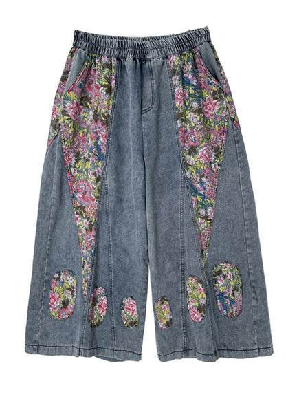 Blue Elastic Waist Pockets Patchwork Crop Jeans Summer