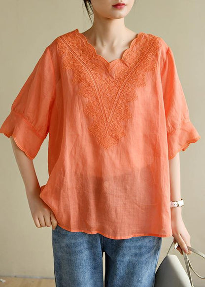 White Lace Linen Short Sleeve Blouses