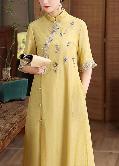 Simple Yellow Embroideried Patchwork Button Silk Dress Summer