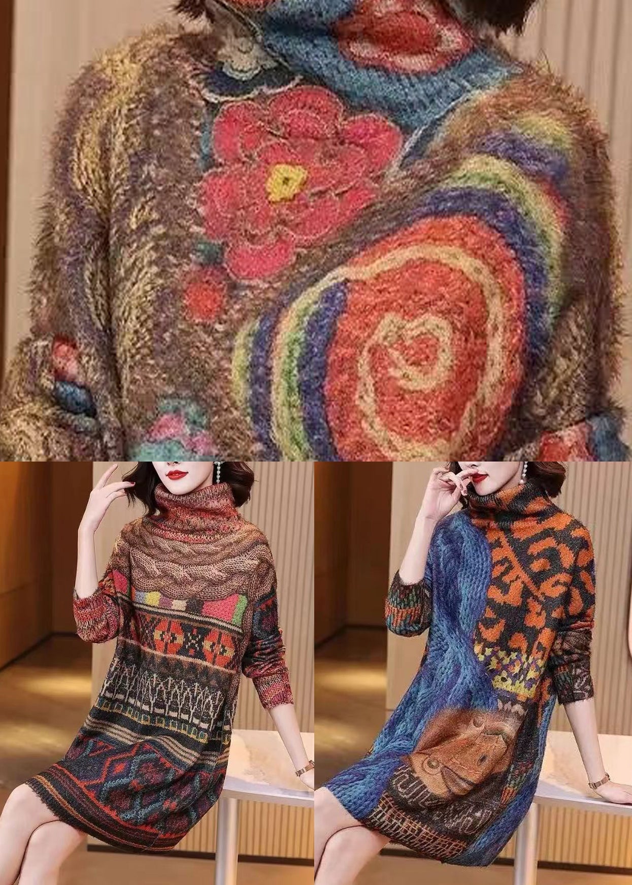 Colorblock Turtleneck Print Mink Hair Knitted Dress Fall