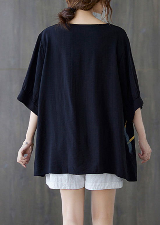 Black O-neck Wrinkled Cotton Tank Tops Half Sleeve