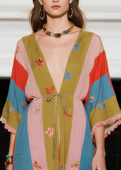 Colorblock Tie Waist Print Cotton Long Dress Summer