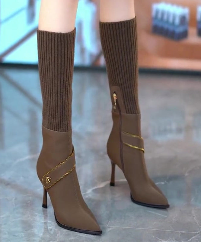 Coffee Elastic Knitting Splicing Faux Leather Heel Boots