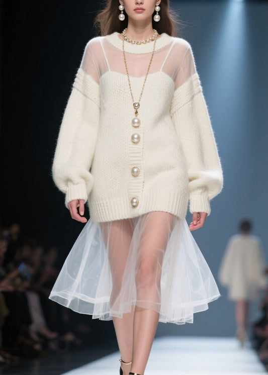 Beige O Neck Tulle Patchwork Long Knit Dress Fall