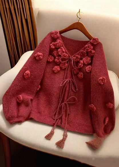 Red V Neck Lace Up Knit Cardigan Spring