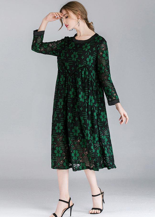 Fitted Green Hollow Out Jacquard Spring Long Sleeve Mid Dress