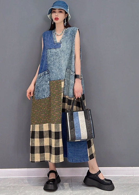 Blue V Neck Pockets Patchwork Plaid Cotton Denim Long Dresses Sleeveless