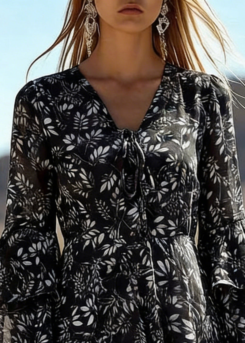 Black Print Chiffon Mid Dress Lace Up Flare Sleeve