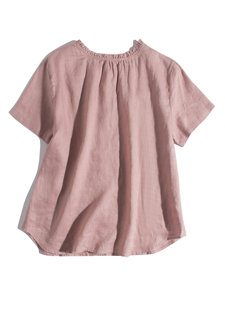 Simple Pink Ruffled Wear on Both Sides Linen Blouses Summer