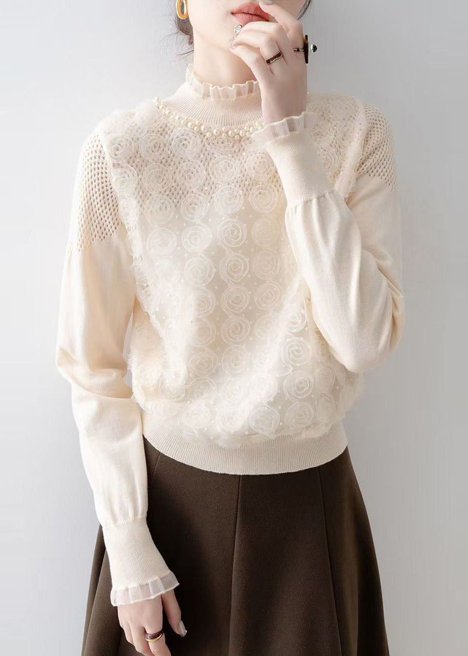 Art Apricot Decorated Nail Bead Knit Blouse Spring