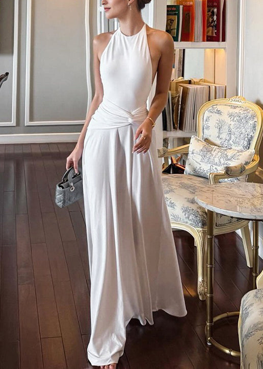 White Backless Lace Up Patchwork Cotton Dress Summer