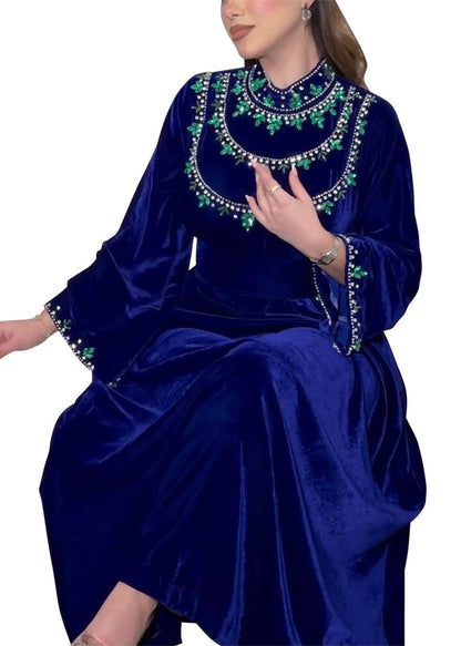 Blue Zippered Zircon Silk Velour Long Dress Long Sleeve