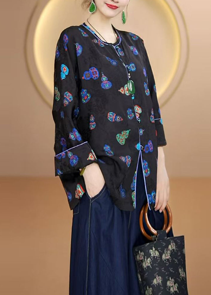 Black O Neck Print Button Silk Cardigans Fall