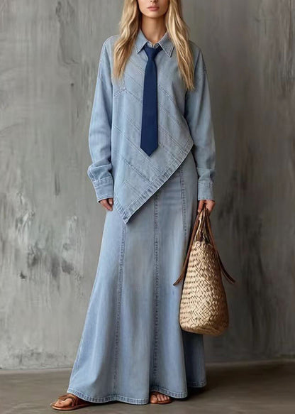 French Blue Asymmetrical Denim Two Piece Set Outfits Spring