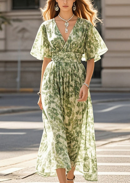 Grass Green Print Chiffon Beach Dress Summer