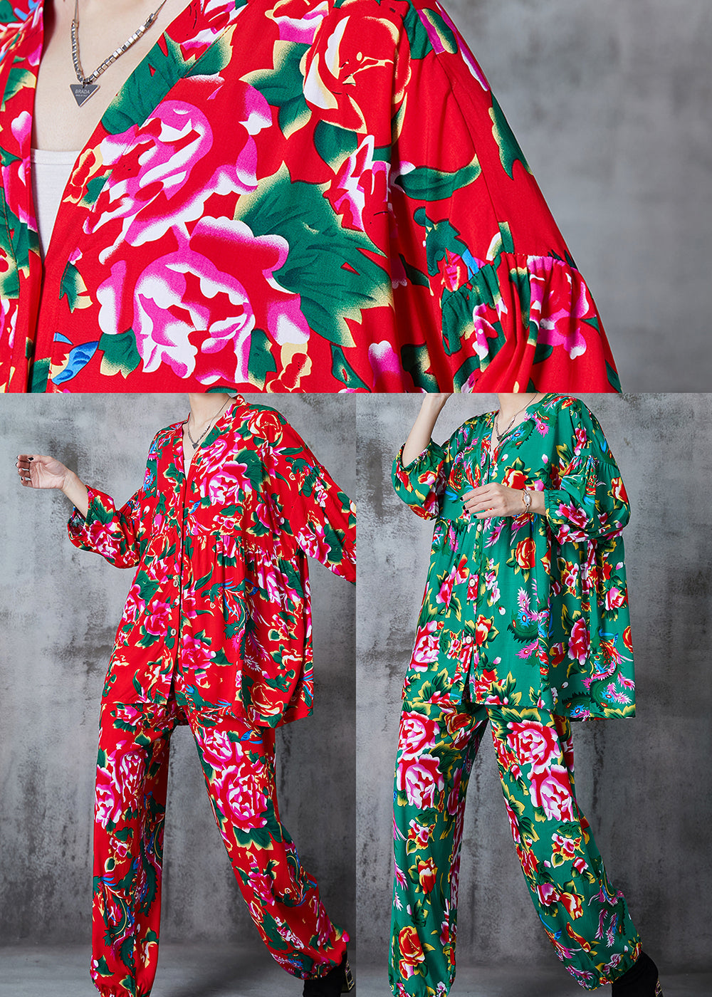 Red Oversized Print Cotton Two Piece Suit Set Summer