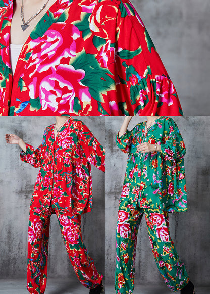 Red Oversized Print Cotton Two Piece Suit Set Summer