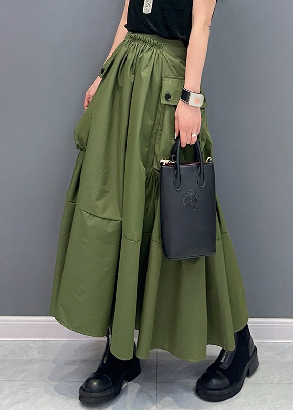 Green Pockets Patchwork Elastic Waist Maxi Skirts Summer
