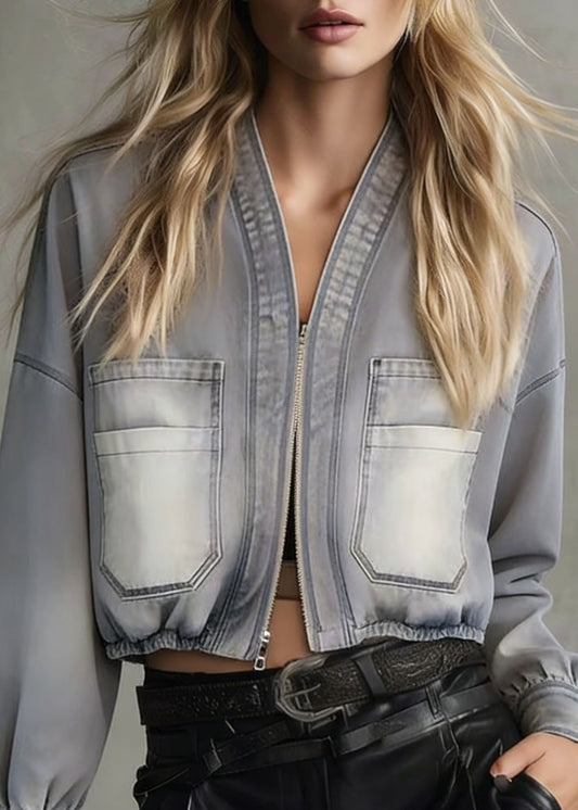 V Neck Zippered Pockets Denim Jacket Spring