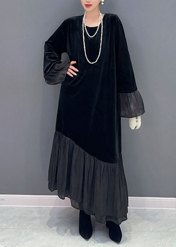 Black Tulle Patchwork Silk Velour Maxi Dress Fall