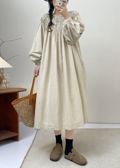 Beige Cotton Dresses Lace Up Long Sleeve
