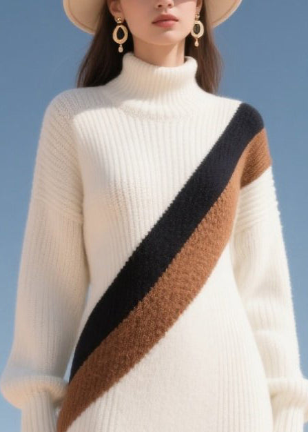 White Patchwork Thick Sweater Dress Winter