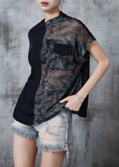 Black Stand Collar Patchwork Camouflage Tulle Tanks Summer