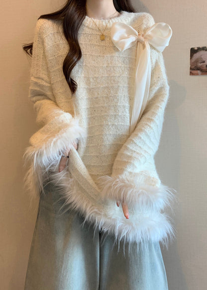 White Patchwork Faux Fur Knit Sweaters Oversized Fall