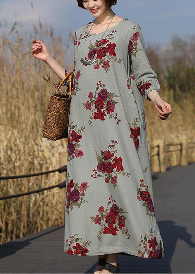 O Neck Pockets Spring Tunic Work Outfits Chinese Rose Flower Long Dress