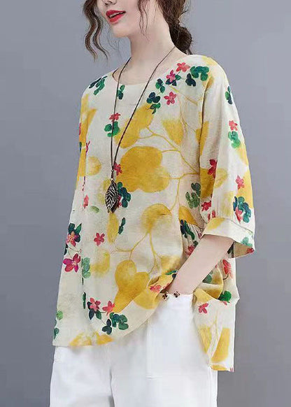Yellow O Neck Print Patchwork Linen Tops Summer