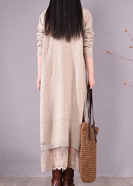 French O Neck Patchwork Lace Spring Clothes for Sewing Beige Robe Dresses