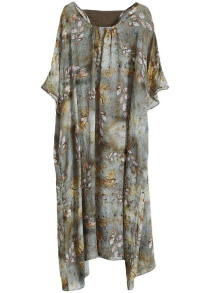 Grey Green Print Linen Pockets Summer Dresses