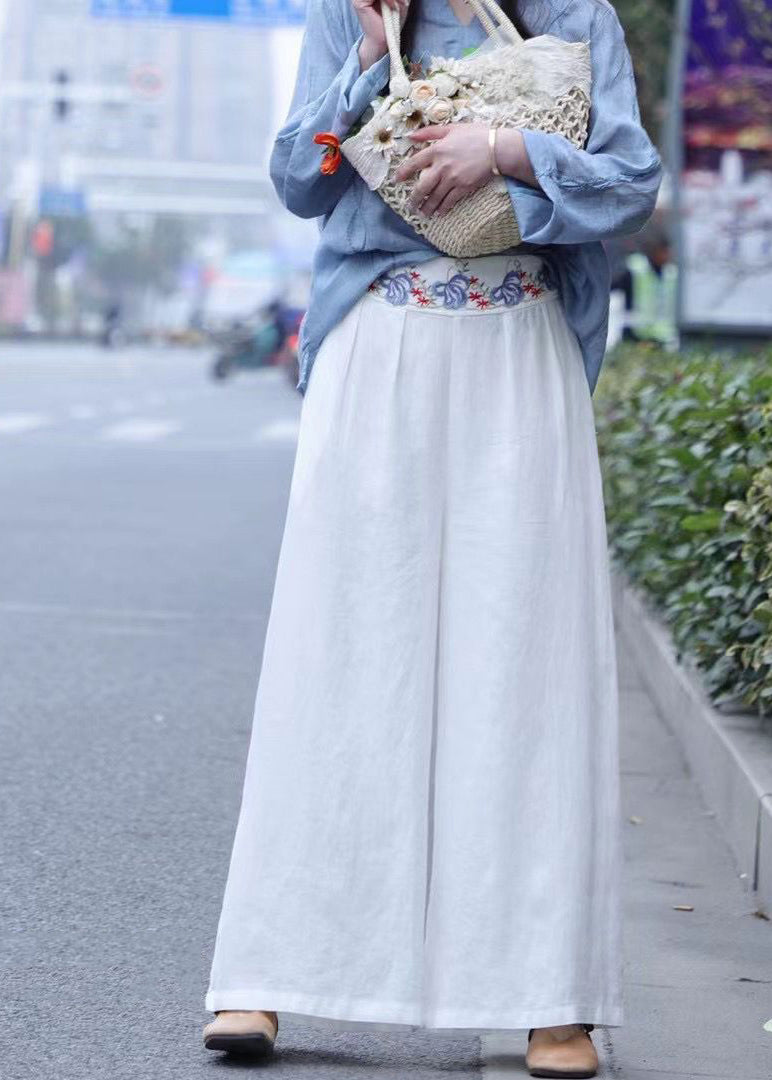 White Wrinkled Embroideried Linen Wide Leg Pants Spring