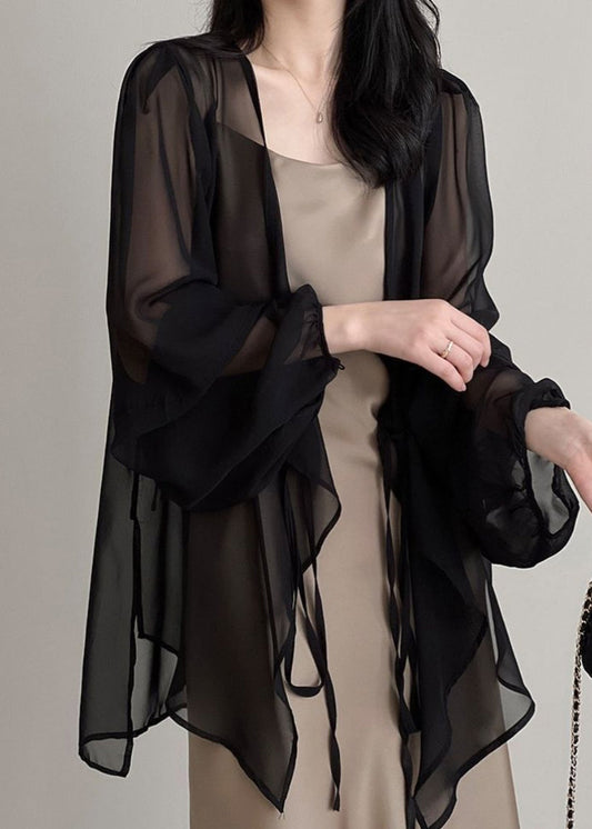 Black V Neck Tie Waist Chiffon Upf 50+ Cardigan Summer