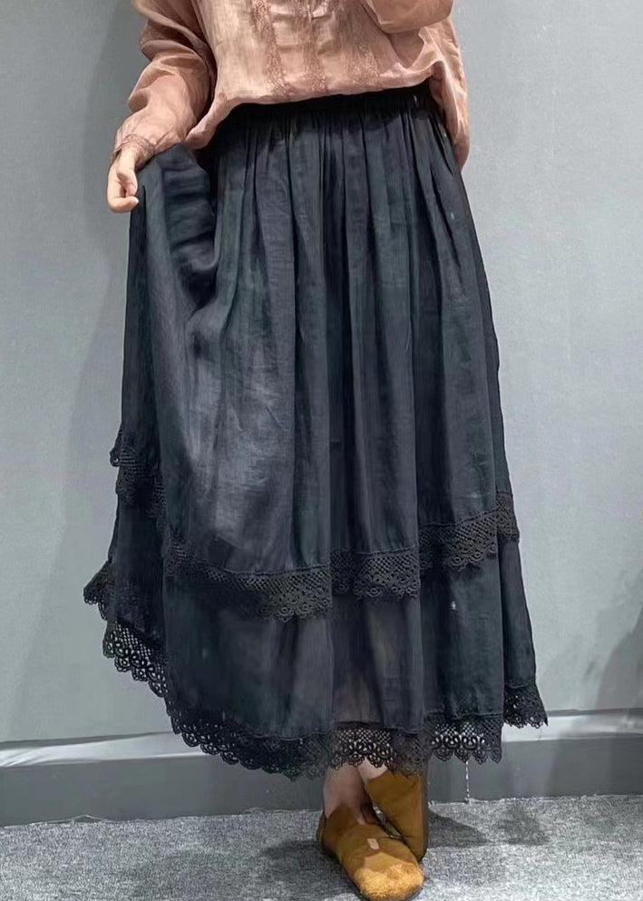 Red Elastic Waist Lace Patchwork Linen Pleated Skirt Summer