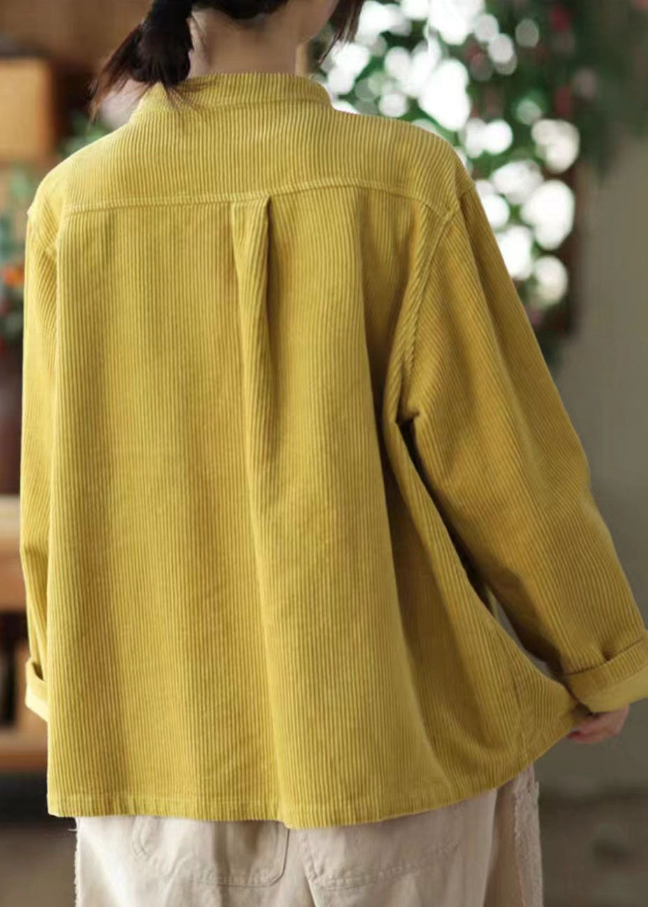 Boutique Yellow Stand Collar Pockets Corduroy Coats Fall