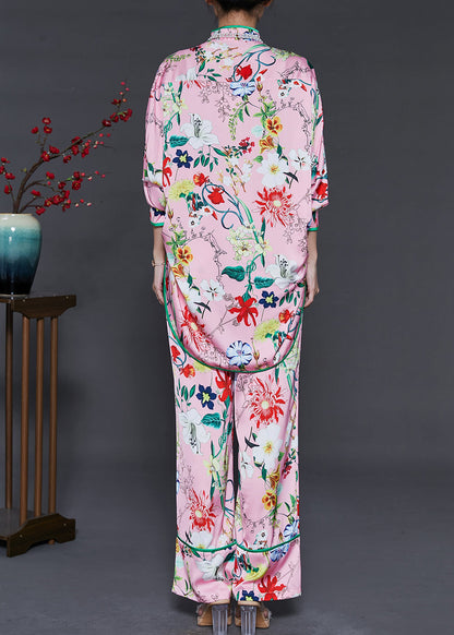 Pink Oversized Print Silk Oriental Two Pieces Set Spring