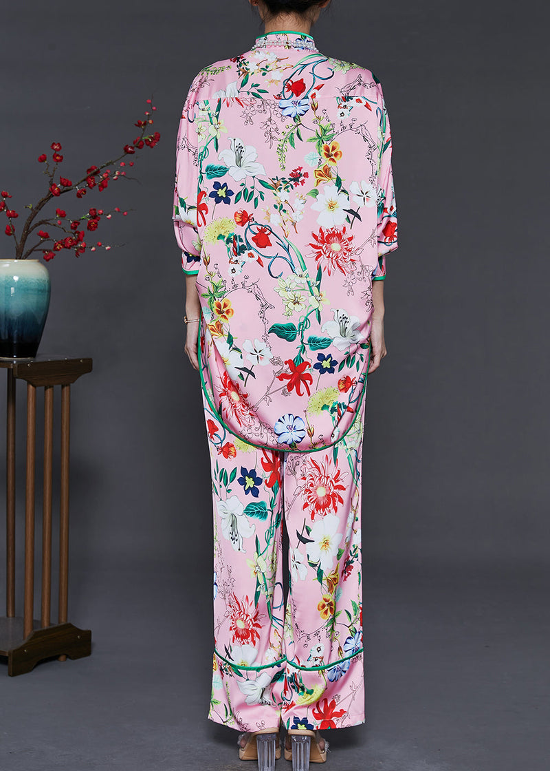 Pink Oversized Print Silk Oriental Two Pieces Set Spring