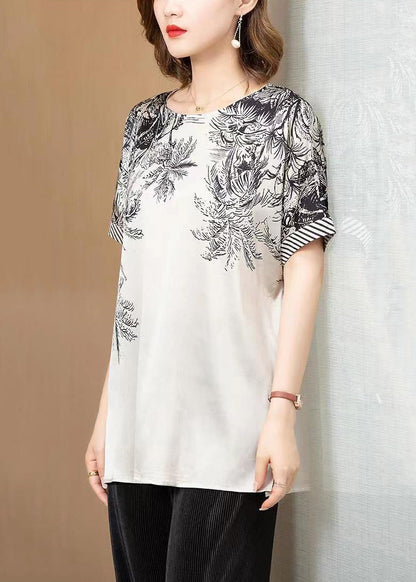 Grey O Neck Print Patchwork Silk T Shirt Short Sleeve