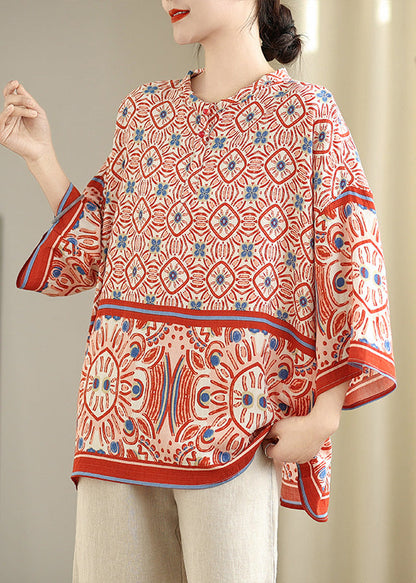 Red Oversized Print Tops Bracelet Sleeve
