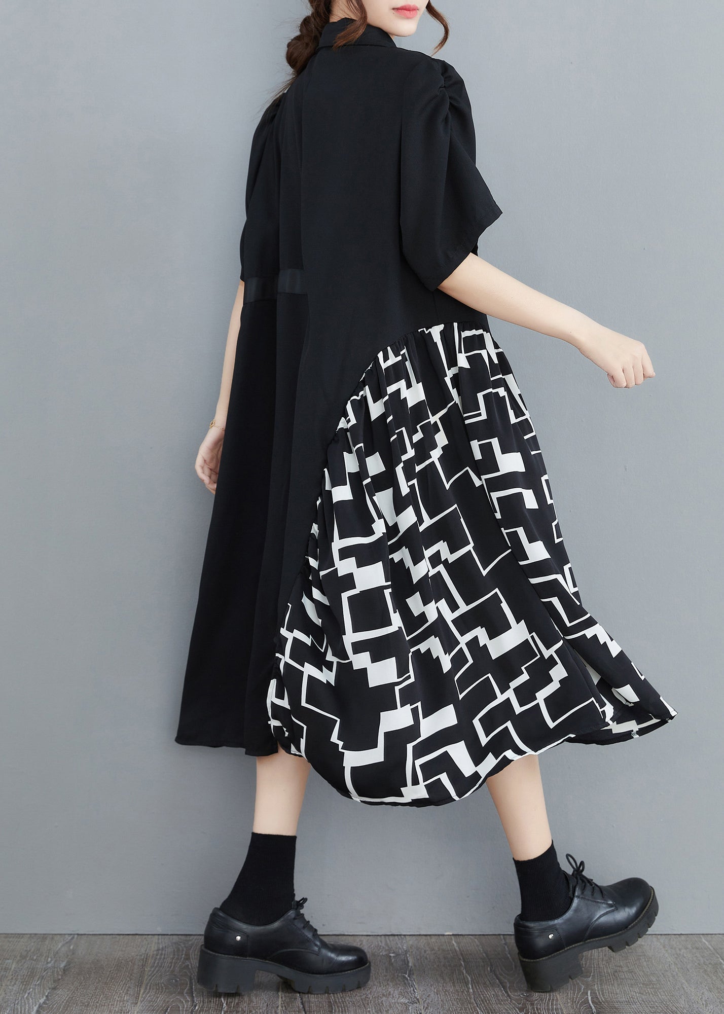 Black Peter Pan Collar Asymmetrical Print Patchwork Shirt Dresses Half Sleeve