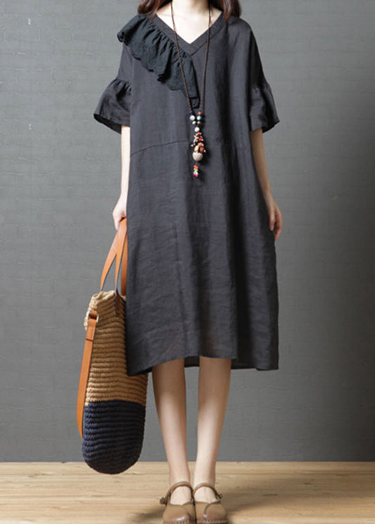 Black V Neck Asymmetrical Design Dress Flare Sleeve