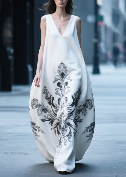 Boutique White Oversized Print Cotton Holiday Dress Sleeveless