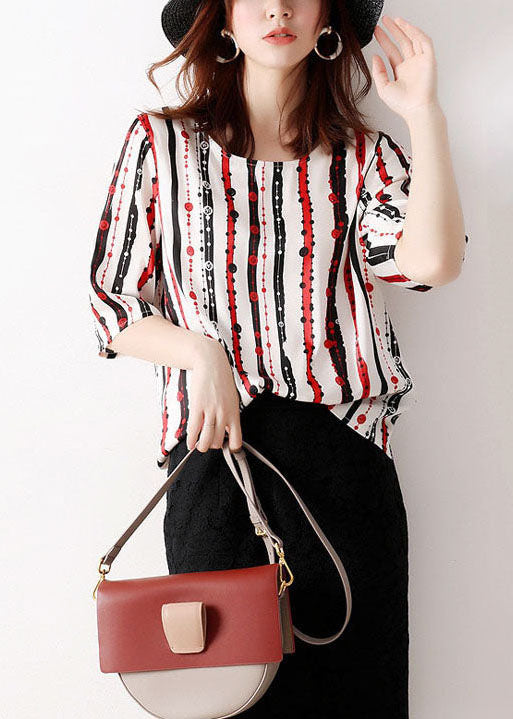 Classy Red O-neck Striped Chiffon Shirt Tops Half Sleeve