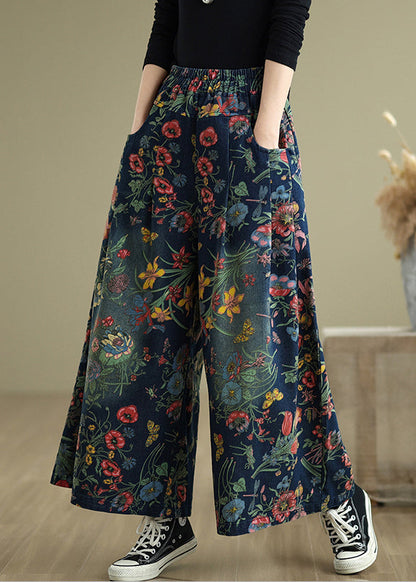 Navy Oversized Print Denim Wide Leg Pants Summer