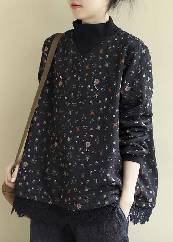 Coffee Turtleneck Print Lace Patchwork Fleece Sweatshirts Long Sleeve