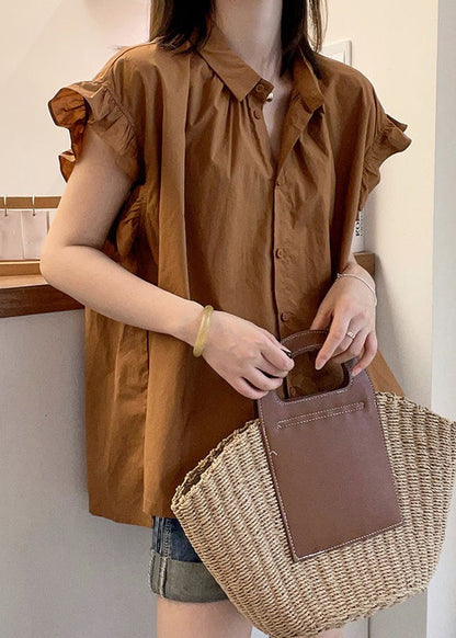 Coffee Ruffled Button Patchwork Cotton Top Summer