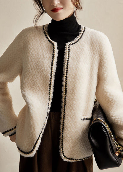 Black O Neck Pockets Patchwork Wool Coat Winter
