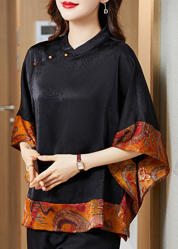 Black Mandarin Collar Asymmetrical Patchwork Jacquard Silk Shirts Batwing Sleeve